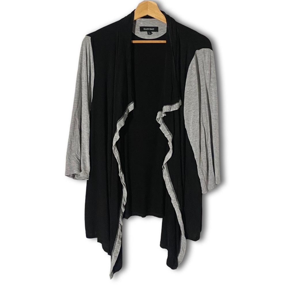 Ellen Tracy 3/4 Sleeve Color Block Open-Front Waterfall Cardigan
